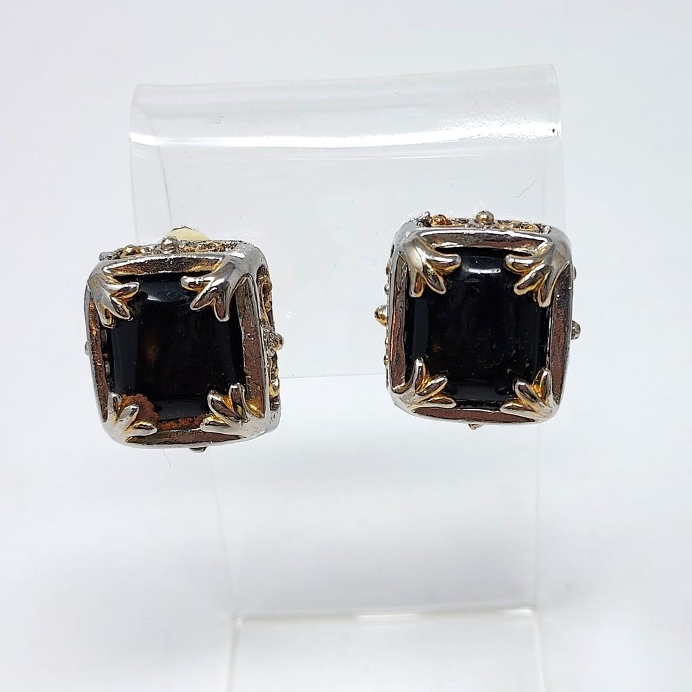 Vintage Mixed Metal Earrings Black Cushion Cut Glass Stone Clip Filigree 3/4" Sq